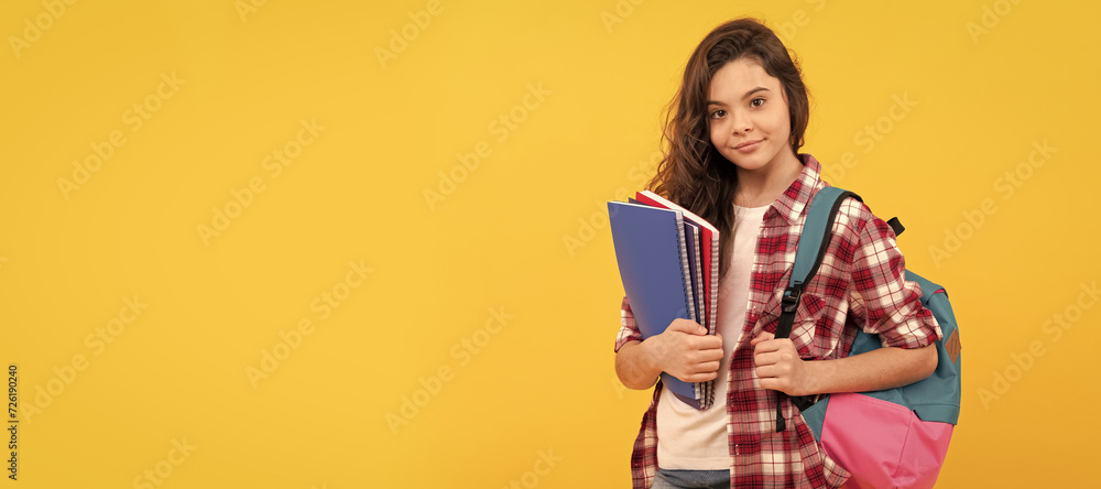smiling school teen girl ready to study with backpack and notebooks, education. Banner of school girl student. Schoolgirl pupil portrait with copy space. smiling school teen girl ready to study with backpack and notebooks, education. Banner of school girl student. Schoolgirl pupil portrait with copy space.