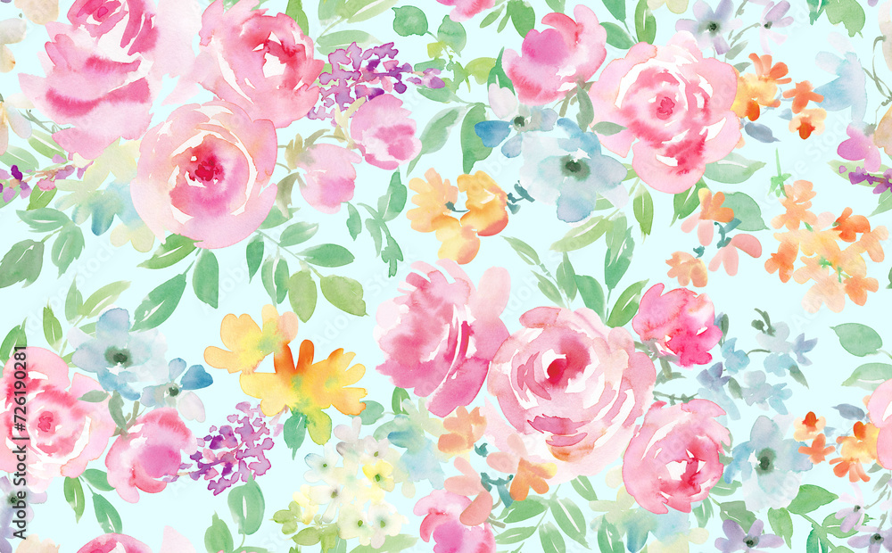 Fototapeta premium 水彩で描いたピンクのバラと草花のシームレスパターン