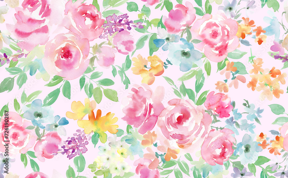 水彩で描いたピンクのバラと草花のシームレスパターン