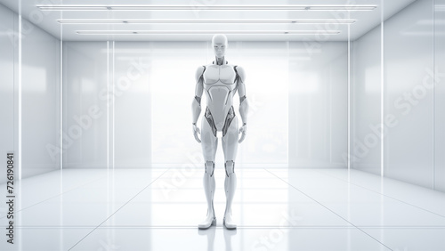 artificial intelligence robot stand in white room