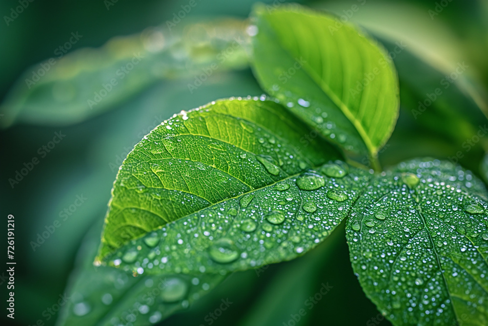 View of dew drops on fresh summer leaves early in the morning. View of dew drops on fresh summer leaves early in the morning.