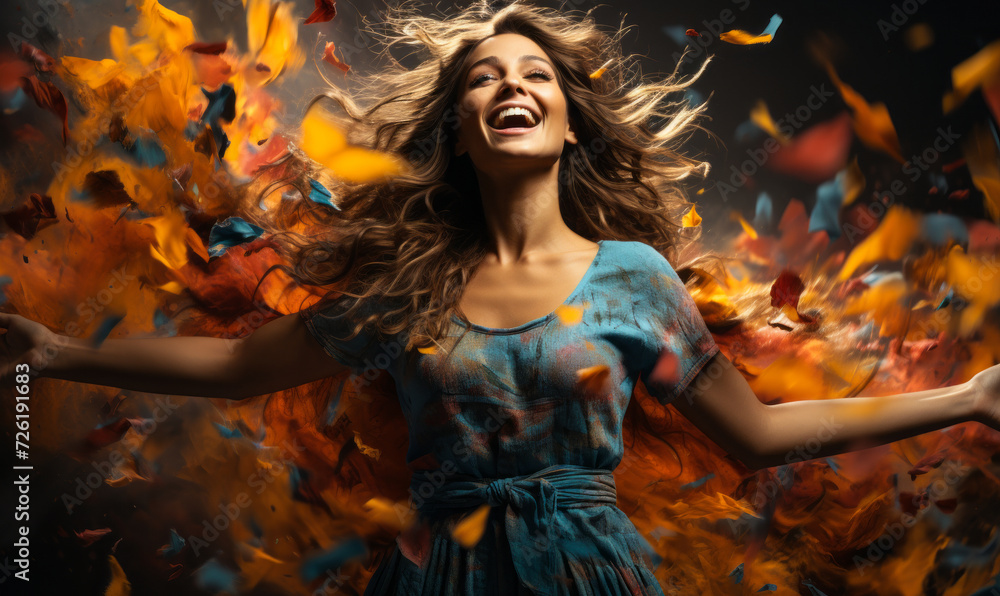 Joyful woman in euphoric dance surrounded by a whirlwind of colorful watercolor splashes, expressing freedom and artistry