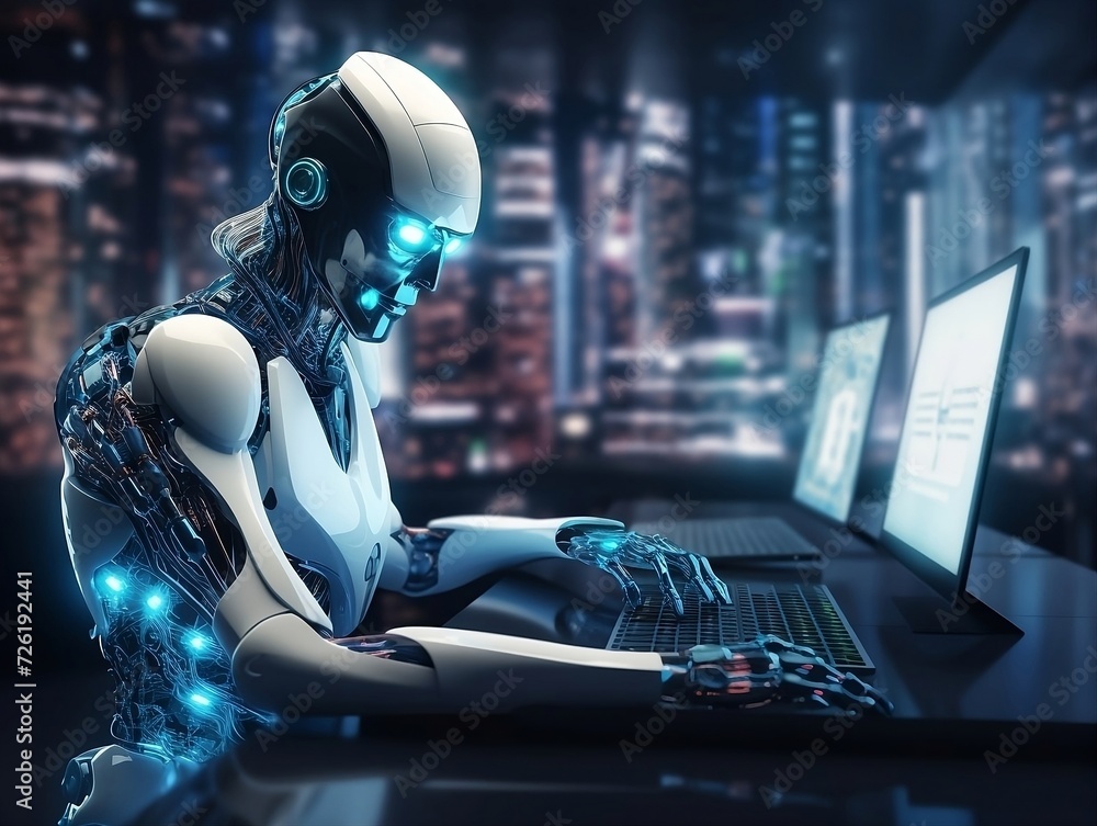 Futuristic robot with computer in office Futuristic robot with computer in office