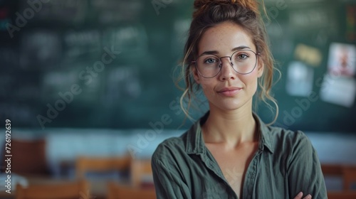 A portrait of a beautiful young female school teacher standing in the classroom on green chalkboard background