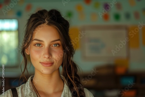 A portrait of a beautiful young female school teacher standing in the classroom on green chalkboard background