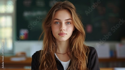 A portrait of a beautiful young female school teacher standing in the classroom on green chalkboard background