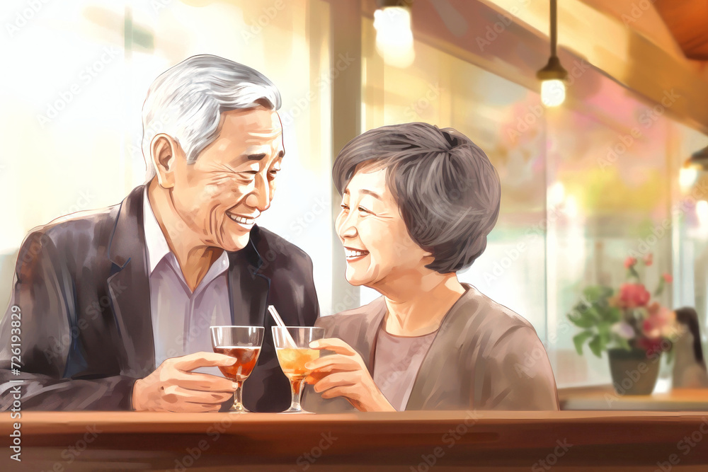 The concept of an active social lifestyle for older people. An elderly couple drinks alcoholic drinks in a bar or restaurant. Lovers enjoying happy hour at the bar. The concept of an active social lifestyle for older people. An elderly couple drinks alcoholic drinks in a bar or restaurant. Lovers enjoying happy hour at the bar.