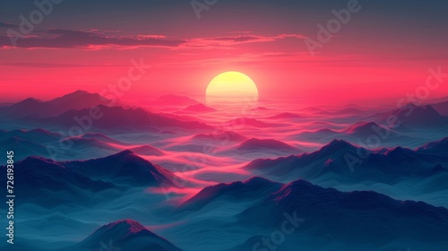 Fantasy landscape with mountains and sunset. illustration. Eps 10 - Generative AI