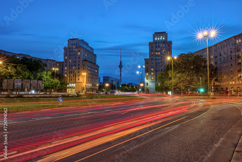 The Strausberger Platz in Berlin with the Television Tower at night