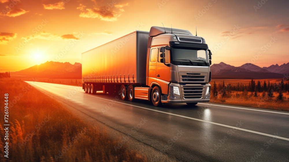 A large semi-trailer is driving along the highway. Transport, logistics or freight concept. Truck on the highway. A large semi-trailer is driving along the highway. Transport, logistics or freight concept. Truck on the highway.