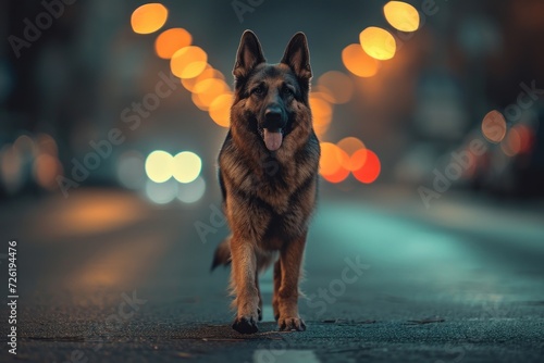 A big German Shepherd dog runs along the road at night with beautiful lights.