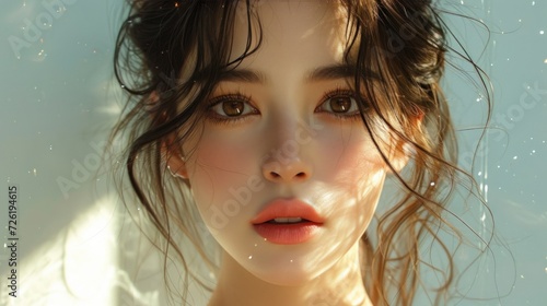 Close-up picture Cute Asian girl looks closely at camera. 20 year old woman with clear skin. Photo shoot. Beautiful model. Light background. close-up face