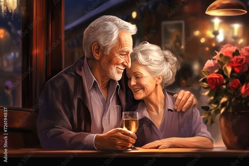 Elderly happy loving couple with cocktail glasses celebrating Valentine's Day at the bar. Old people in love drink in a bar.