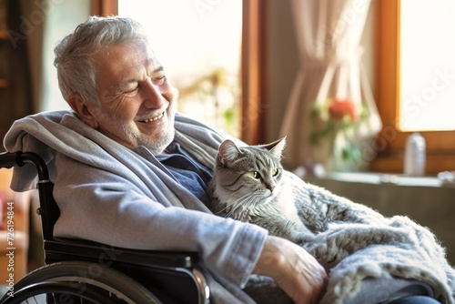 Elderly Man in Wheelchair Holding White Cat photo