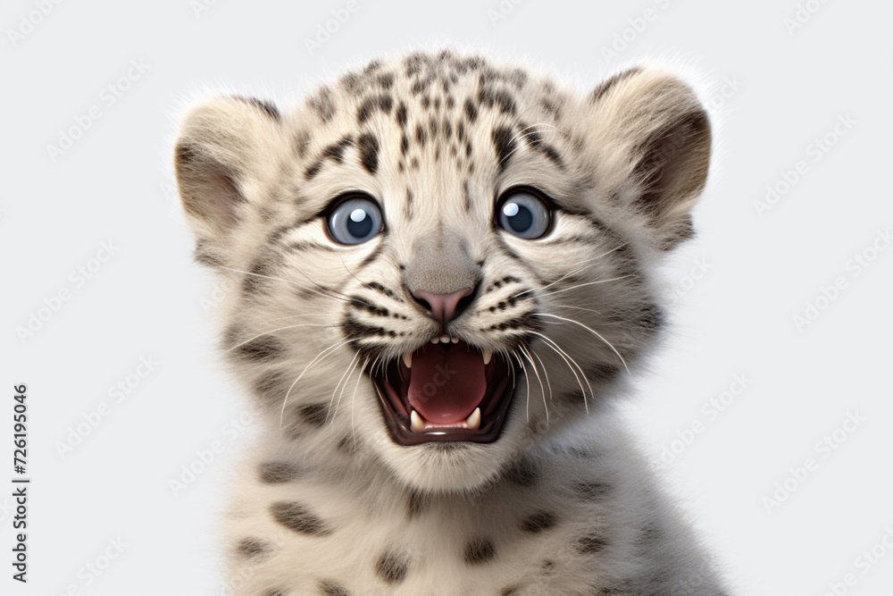 Snow Leopard cub on a white background. Adorable 3D cartoon animal close-up portrait. Snow Leopard cub on a white background. Adorable 3D cartoon animal close-up portrait.