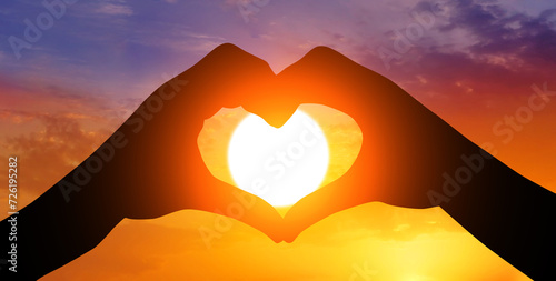 Silhouette of couple s arms holding hands at sunset. Celebrate Valentines Day. 3d illustration
