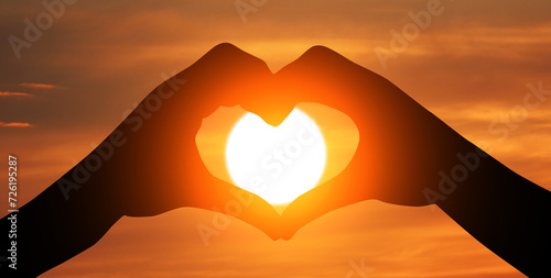 Silhouette of couple s arms holding hands at sunset. Celebrate Valentines Day. 3d illustration