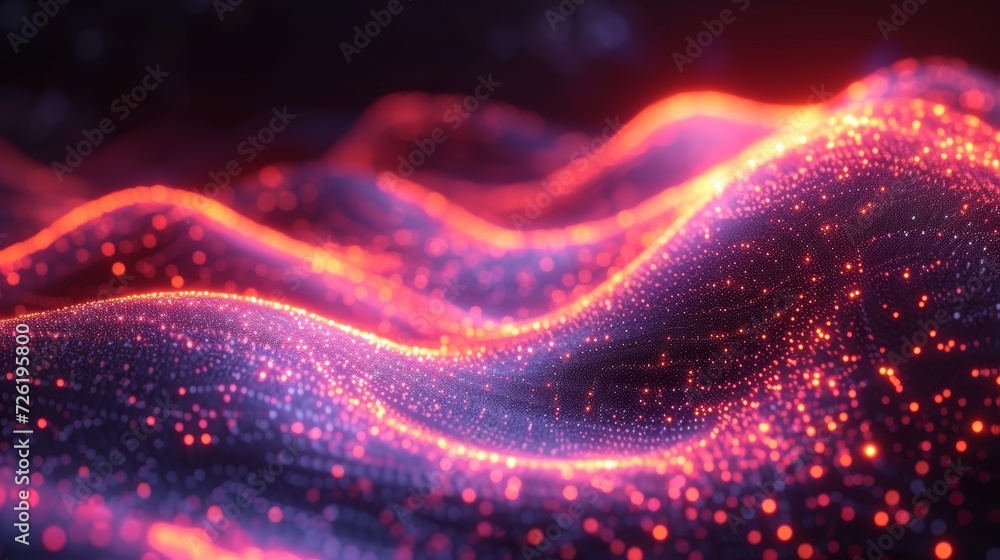 3D rendering of abstract digital landscape with glowing particles. Futuristic wave with depth of field and bokeh. - Generative AI 3D rendering of abstract digital landscape with glowing particles. Futuristic wave with depth of field and bokeh. - Generative AI