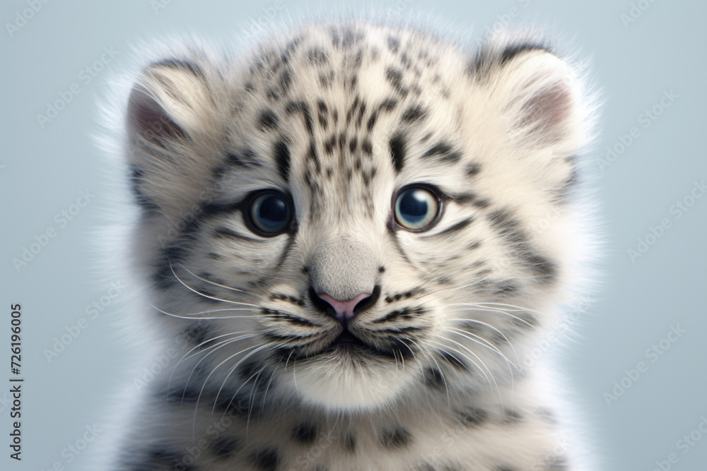 Snow Leopard cub on a white background. Adorable 3D cartoon animal close-up portrait. Snow Leopard cub on a white background. Adorable 3D cartoon animal close-up portrait.