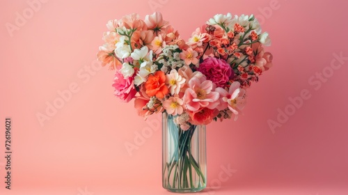Fantastic lush and bright heart shaped flower bouquet standing in the vase, isolated on colored background © shooreeq
