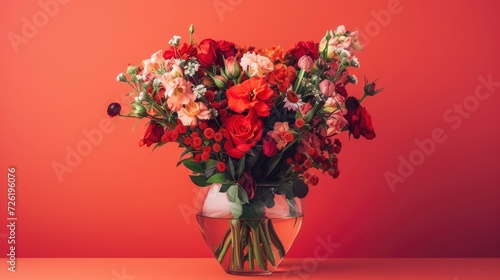 Fantastic lush and bright heart shaped flower bouquet standing in the vase, isolated on colored background