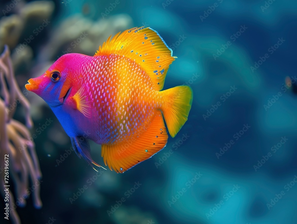 Naklejka premium Multicolored tropical fish form a heart shape swimming underwater, diving, vivid underwater photo