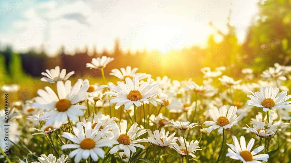blooming daisies in a beautiful meadow, green field with grass. sunset, sunrise, in a natural park