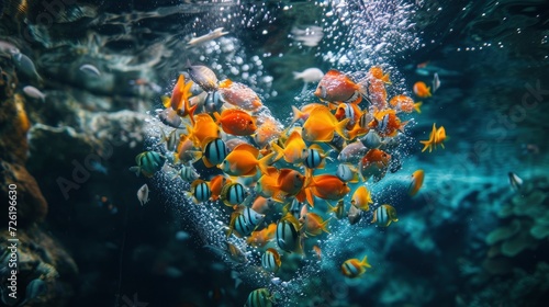 Multicolored tropical fish form a heart shape swimming underwater, diving, vivid underwater photo