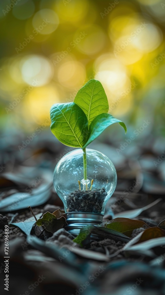 Renewable energy, eco friendly concept photo with glass bulb and green plant inside it