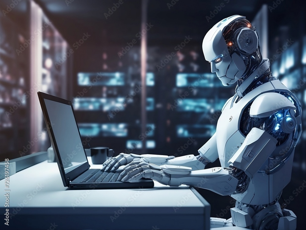 Futuristic robot with computer in office Futuristic robot with computer in office