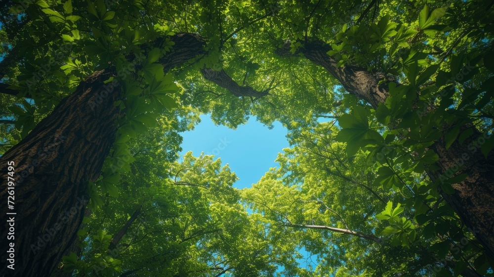 Thick and lush tree branches form a heart shape through which you can see the beautiful blue sky, summer day, forest, bottom up view Thick and lush tree branches form a heart shape through which you can see the beautiful blue sky, summer day, forest, bottom up view