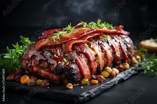 Grilled meatloaf with bacon on a gray background. Generative AI