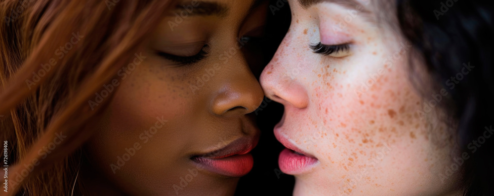 Sexy lesbian lovers kissing, foreplay. Closeup of pair women mouths kissing. Sensual lips kisses of two beautiful sexy lesbian women on a dark background. AI generated. Sexy lesbian lovers kissing, foreplay. Closeup of pair women mouths kissing. Sensual lips kisses of two beautiful sexy lesbian women on a dark background. AI generated.