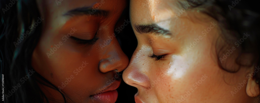 Sexy lesbian lovers kissing, foreplay. Closeup of pair women mouths kissing. Sensual lips kisses of two beautiful sexy lesbian women on a dark background. AI generated. Sexy lesbian lovers kissing, foreplay. Closeup of pair women mouths kissing. Sensual lips kisses of two beautiful sexy lesbian women on a dark background. AI generated.