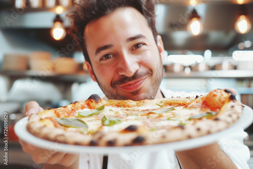 Photo of attractive male cook with love to food italian pizza