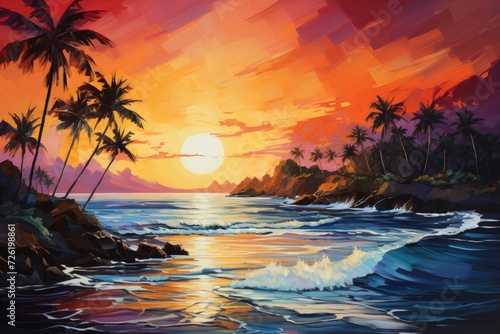 Tropical Landscape Painting, Unique Artwork for Greeting Cards or Poster Prints, Home Decor and Design Background, Artistic Wallpaper, Color Backdrop