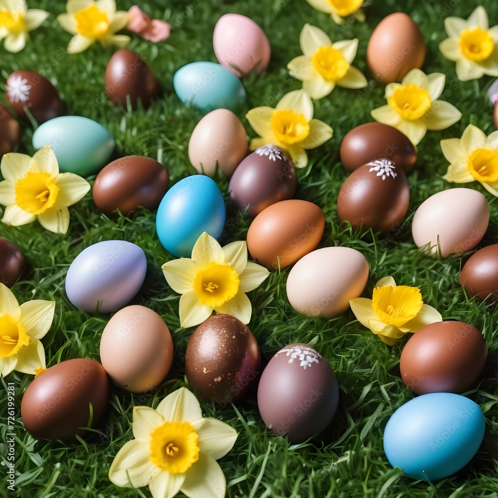 Easter flat lay of colourful chocolate easter eggs on grass surrounded by spring daffodils Easter flat lay of colourful chocolate easter eggs on grass surrounded by spring daffodils