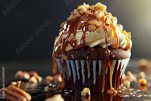 Caramel cupcake with nuts and butterscotch syrup