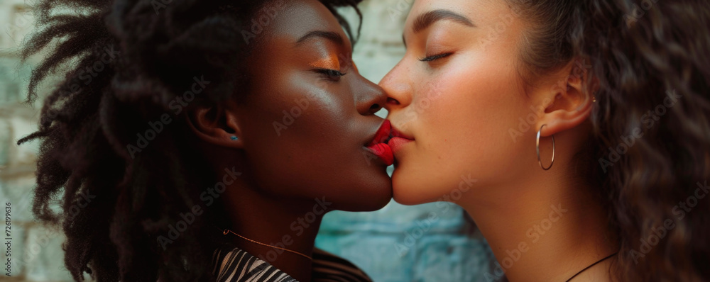 Sexy lesbian lovers kissing, foreplay. Closeup of pair women mouths kissing. Sensual lips kisses of two beautiful sexy lesbian women on a dark background. AI generated. - obrazy, fototapety, plakaty 