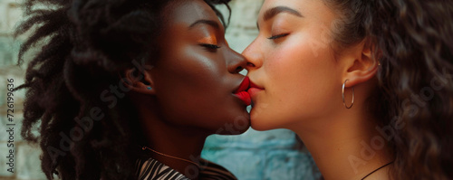 Sexy lesbian lovers kissing, foreplay. Closeup of pair women mouths kissing. Sensual lips kisses of two beautiful sexy lesbian women on a dark background. AI generated. photo