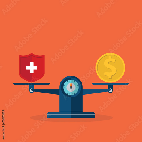 Medical cross and dollar coin on scales. Expensive health insurance concept.