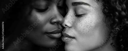 Sexy lesbian lovers kissing, foreplay. Closeup of pair women mouths kissing. Sensual lips kisses of two beautiful sexy lesbian women on a dark background. AI generated.