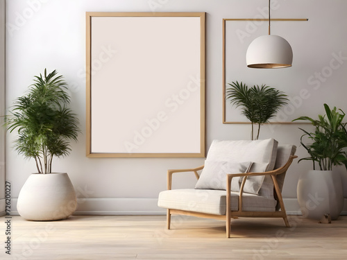 Mockup poster frame on the wall of living room. Luxurious apartment background with contemporary design. Modern interior design. 3D render  3D illustration.