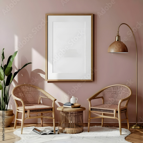 Mockup poster frame on the wall of living room. Luxurious apartment background with contemporary design. Modern interior design. 3D render, 3D illustration.