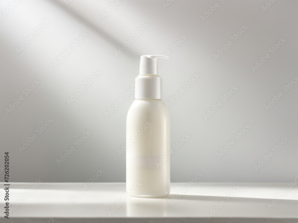 plain white lotion bottle mock up on white table. Generative AI plain white lotion bottle mock up on white table. Generative AI