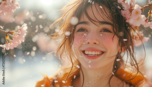 A smiling young woman with snowflakes on her hair and scarf revels in the beauty of a sunny winter day at a Hanami picnic under a blanket of falling cherry blossoms