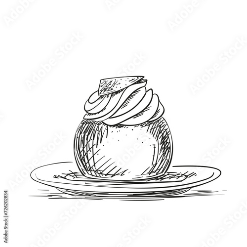 Traditional Swedish semla, hand drawn sketch of sweet pastry on a plate, whipped cream filled cardamom bun with almond paste, vector illustration black ink doodle on white background