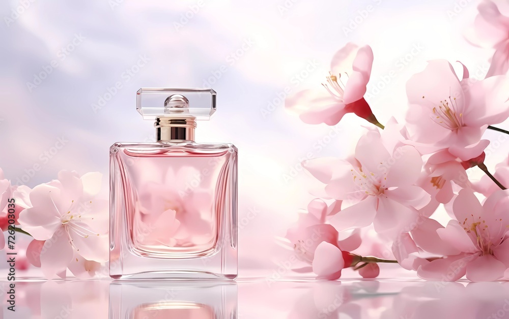 3d illustration of elegant glass bottle containing women's perfume on fresh astromeria background. aroma presentation. generative ai 3d illustration of elegant glass bottle containing women's perfume on fresh astromeria background. aroma presentation. generative ai