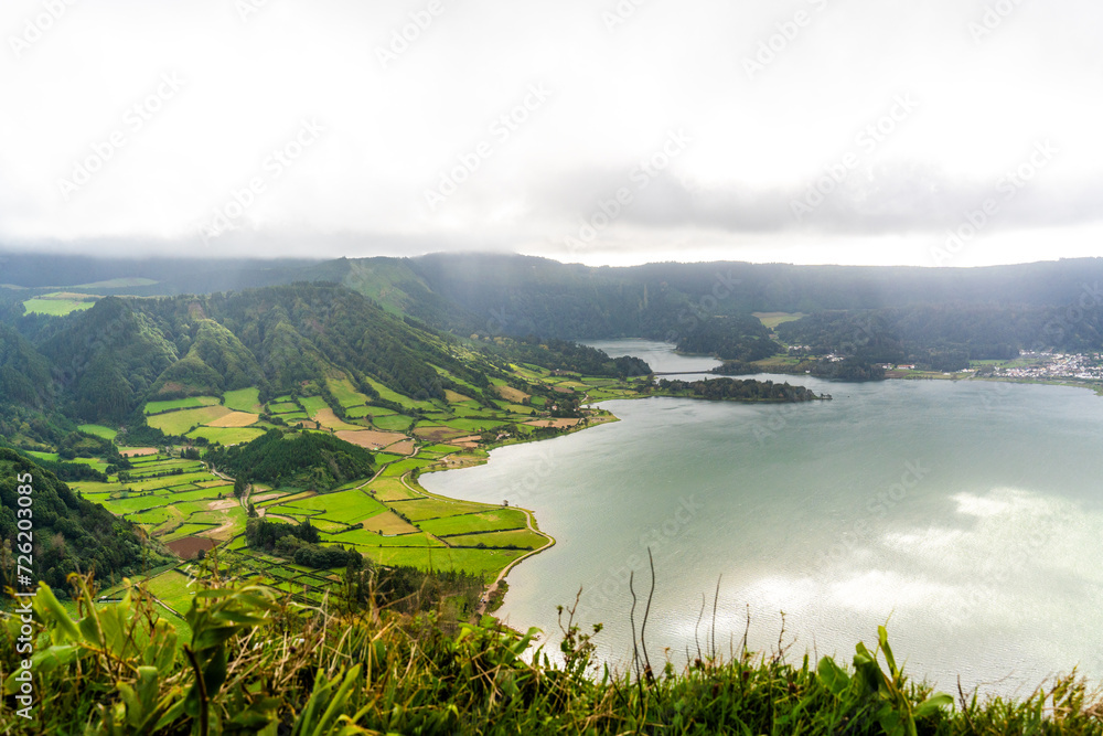 Naklejka premium Viewpoint of Sete Cidades crater lake in Azores Sao Miguel Portugal