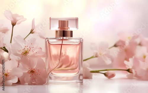 3d illustration of elegant glass bottle containing women's perfume on fresh astromeria background. aroma presentation. generative ai photo